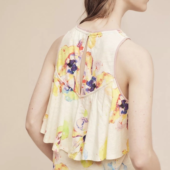 Anthropologie Meadow Rue Cantara Ruffle Tank Top‎ Floral Watercolor Print Size S - Picture 3 of 6